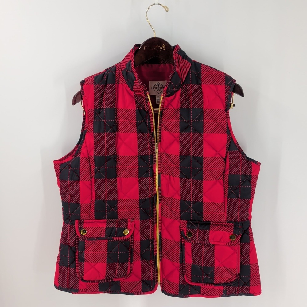 St. John's Bay Full Zip Plaid Pockets Quilted Puffer Vest Red Black Size XL